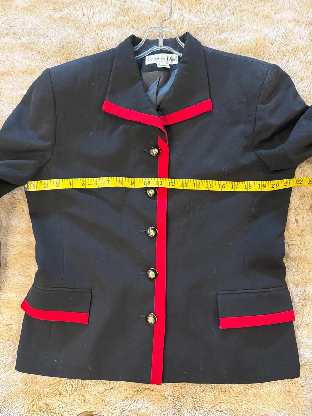VINTAGE CHRISTIAN DIOR RED TRIM STATEMENT BUTTON BLAZER 14